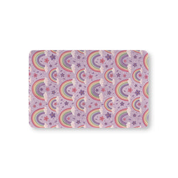 Violet Sky Rainbows fitted crib sheet on a nursery crib mattress