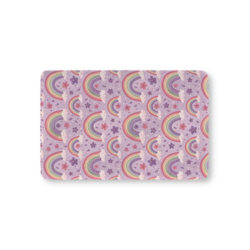 Violet Sky Rainbows fitted crib sheet on a nursery crib mattress