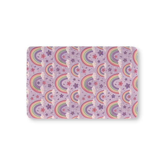 Violet Sky Rainbows fitted crib sheet on a nursery crib mattress