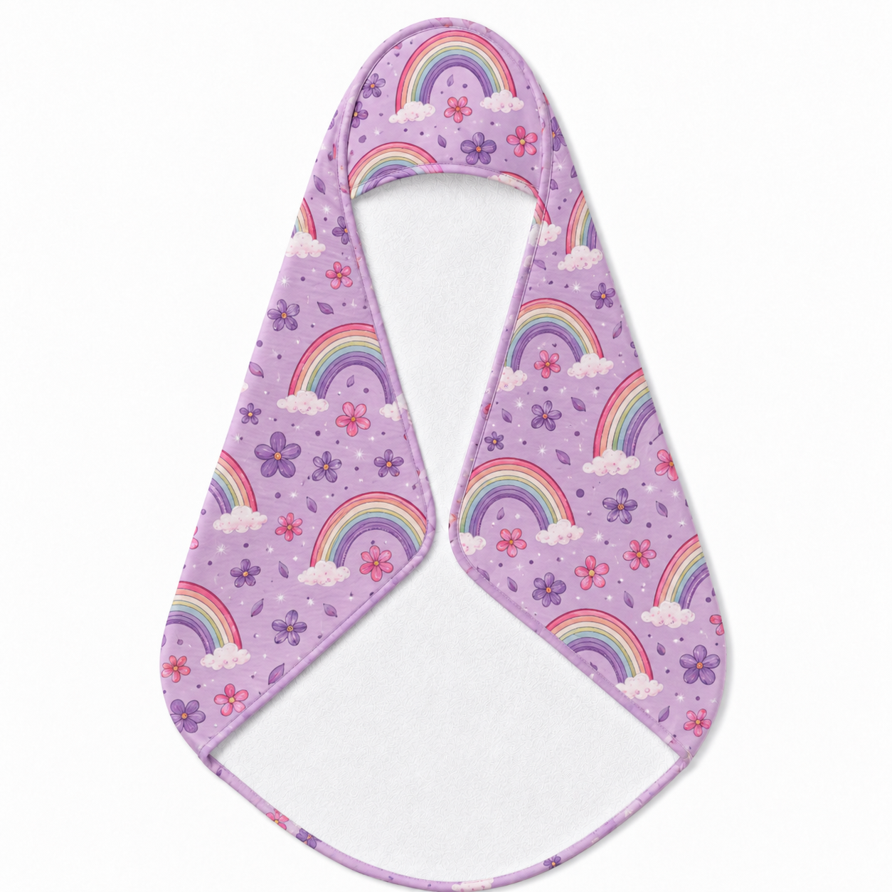 Violet Sky Rainbows hooded baby towel wrapped around a baby