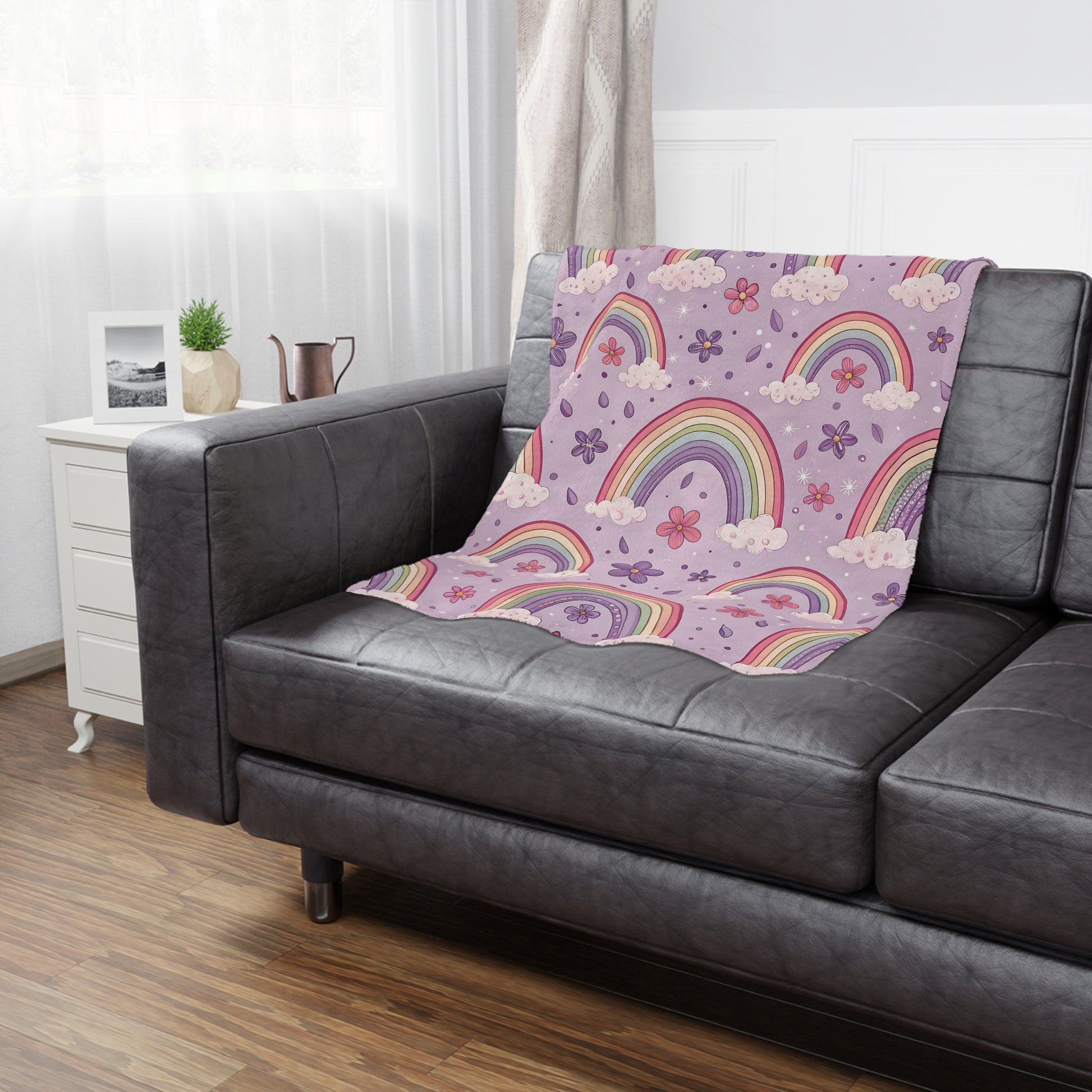 Violet Sky Rainbows minky blanket showing the soft raised reverse