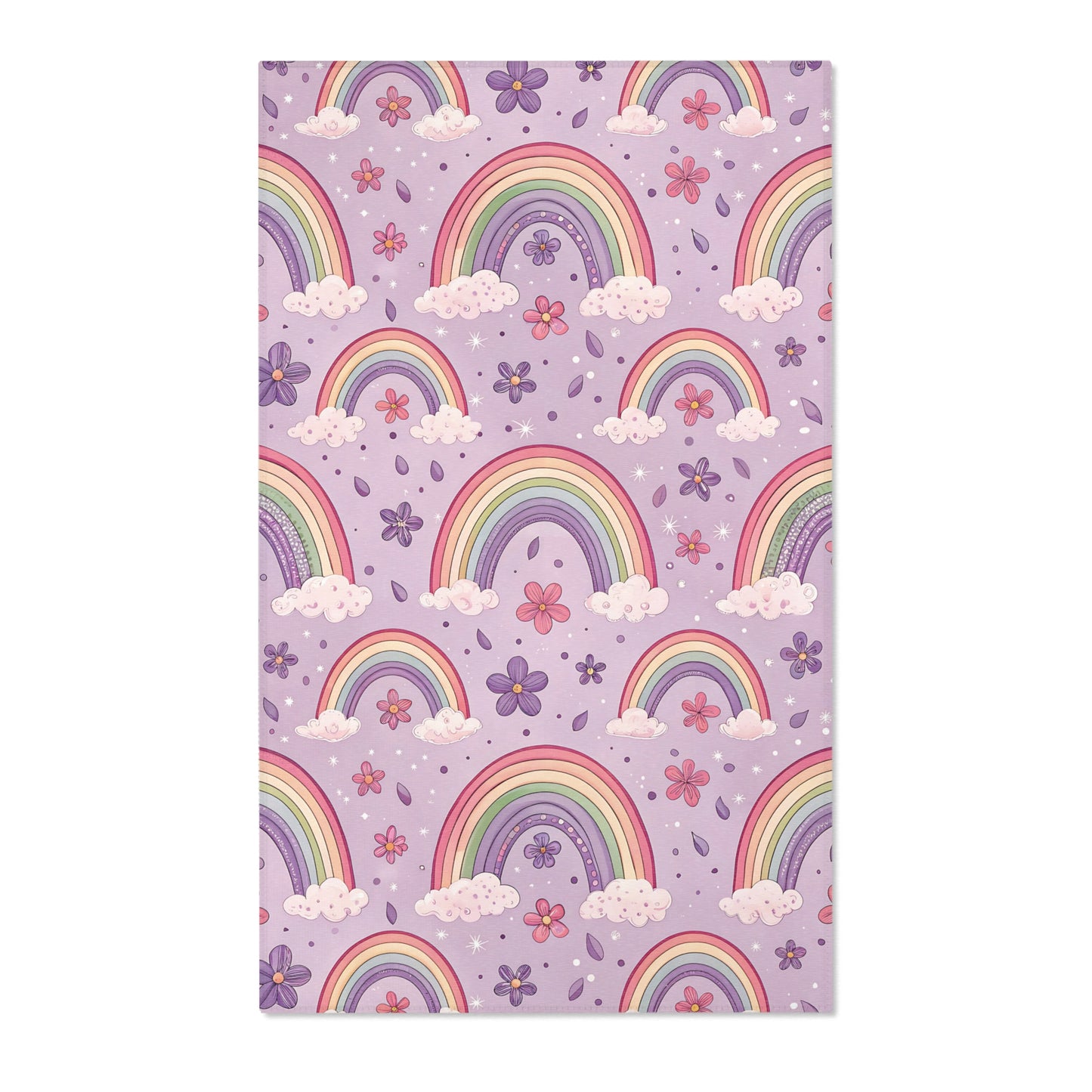 Pastel rainbow nursery area rug on a lilac ground