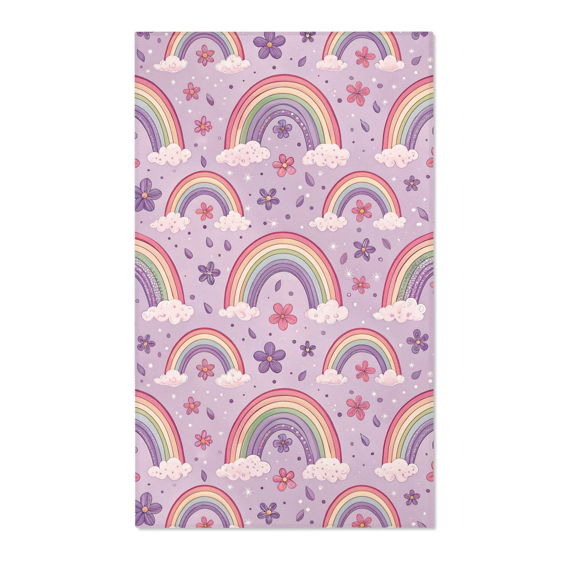 Pastel rainbow nursery area rug on a lilac ground