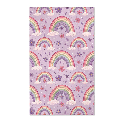 Pastel rainbow nursery area rug on a lilac ground