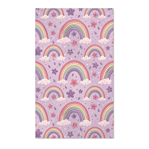 Pastel rainbow nursery area rug on a lilac ground