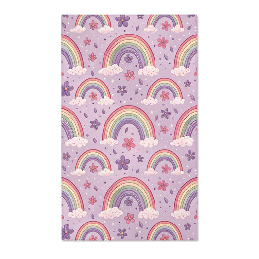 Pastel rainbow nursery area rug on a lilac ground