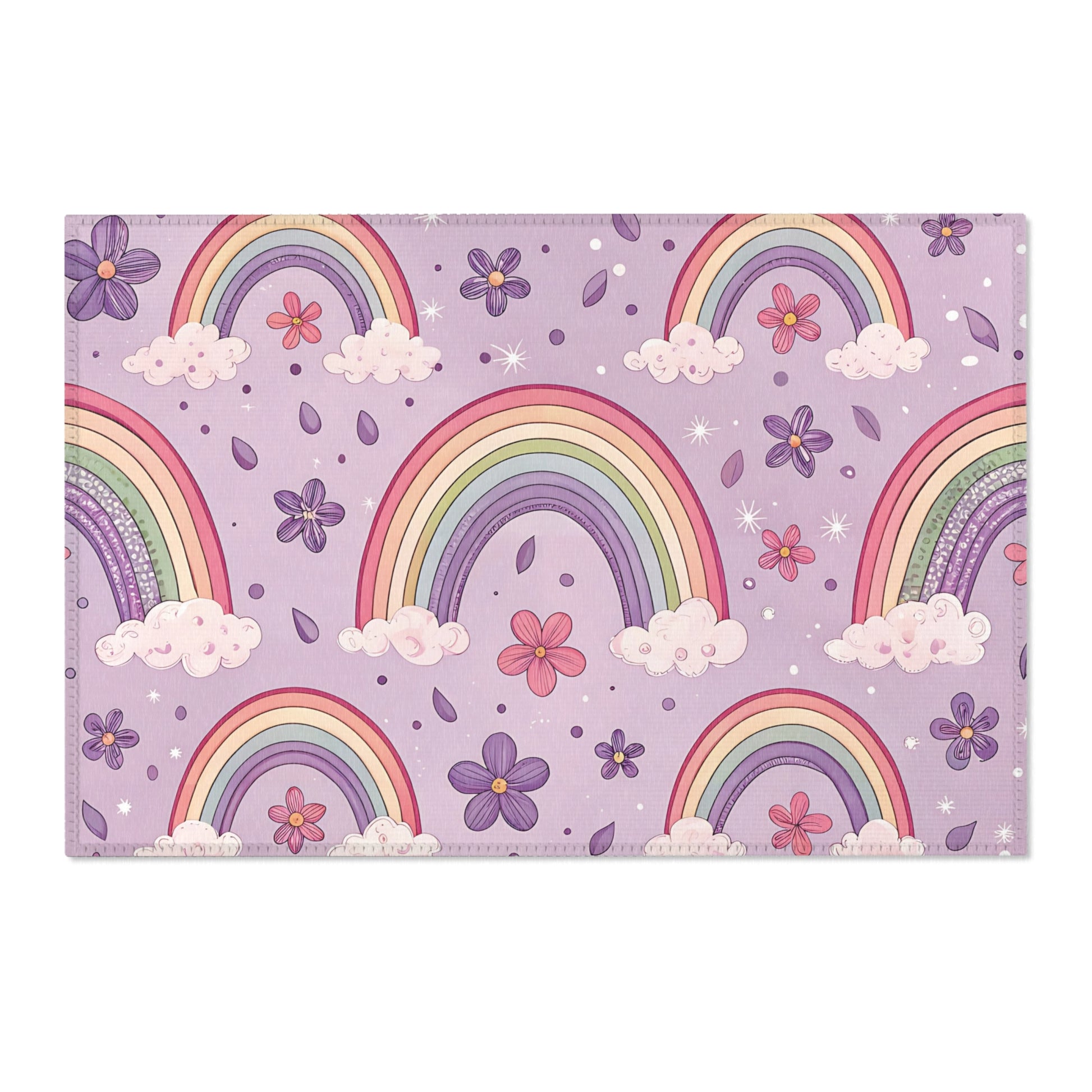 Violet Sky Rainbows area rug shown in landscape orientation