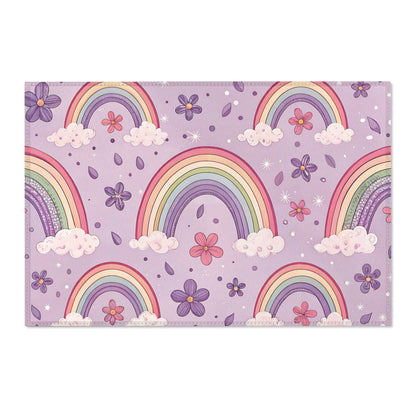 Violet Sky Rainbows area rug shown in landscape orientation