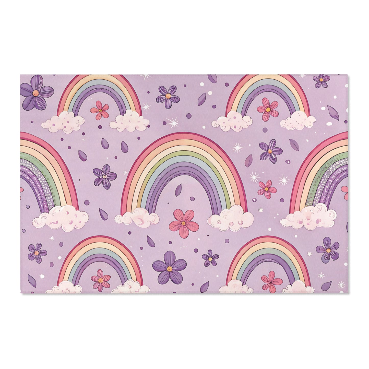 Low pile nursery rug with full-spectrum rainbows on lilac