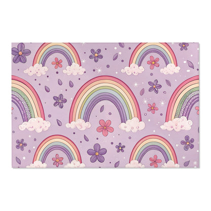 Low pile nursery rug with full-spectrum rainbows on lilac