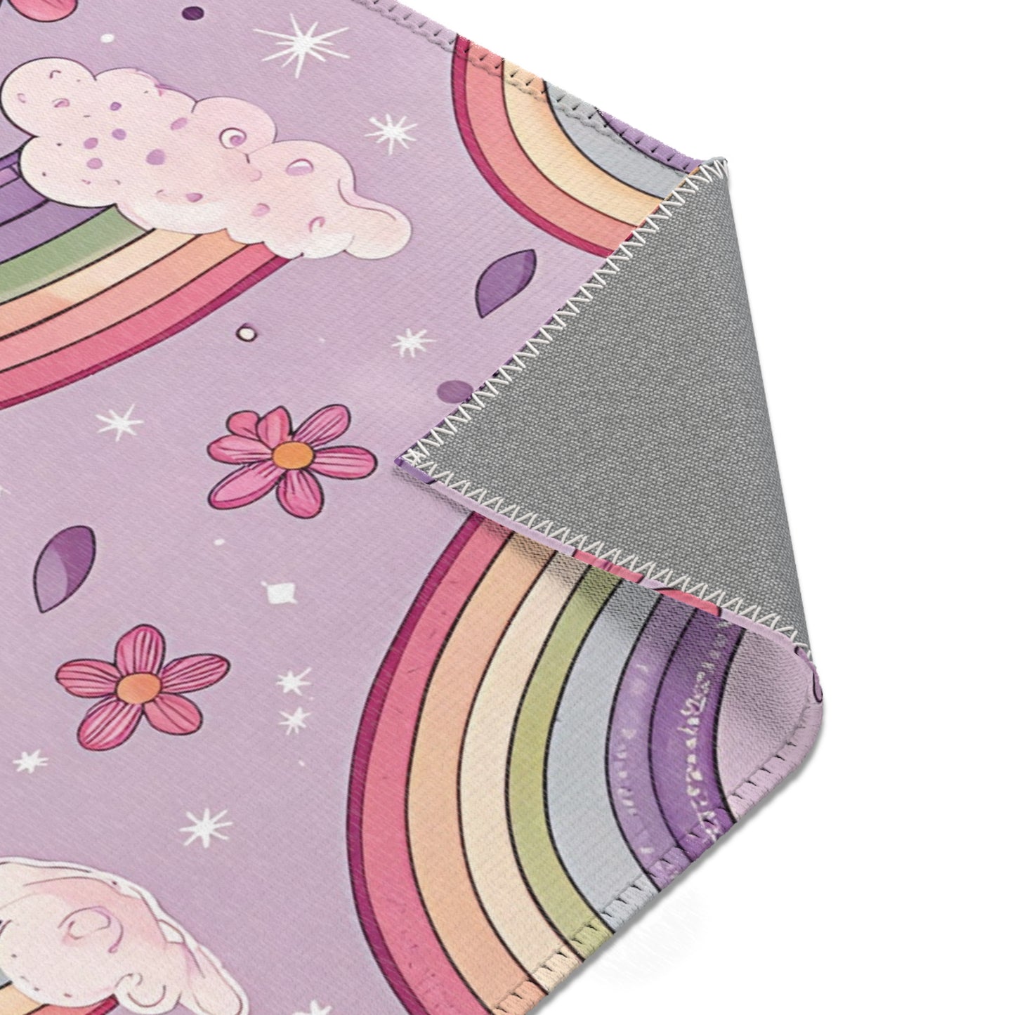 Pastel rainbow rug on lilac for a nursery floor