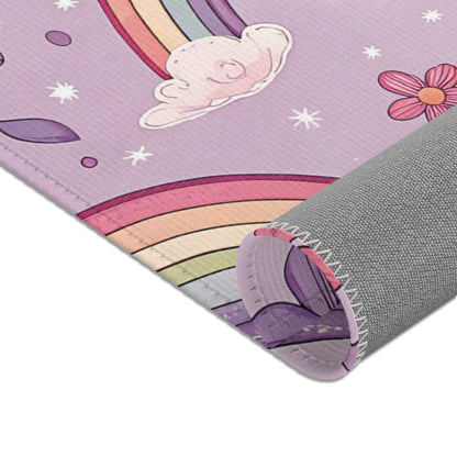 Corner detail of the Violet Sky Rainbows nursery area rug