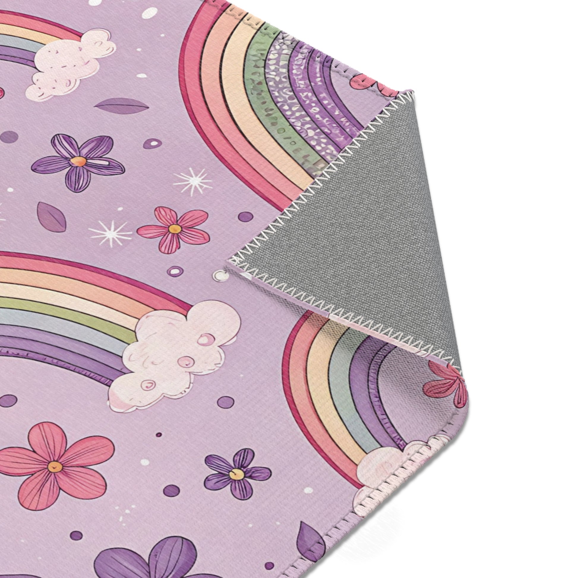 Violet Sky Rainbows nursery rug pattern shown flat
