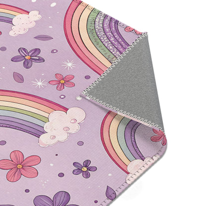 Violet Sky Rainbows nursery rug pattern shown flat