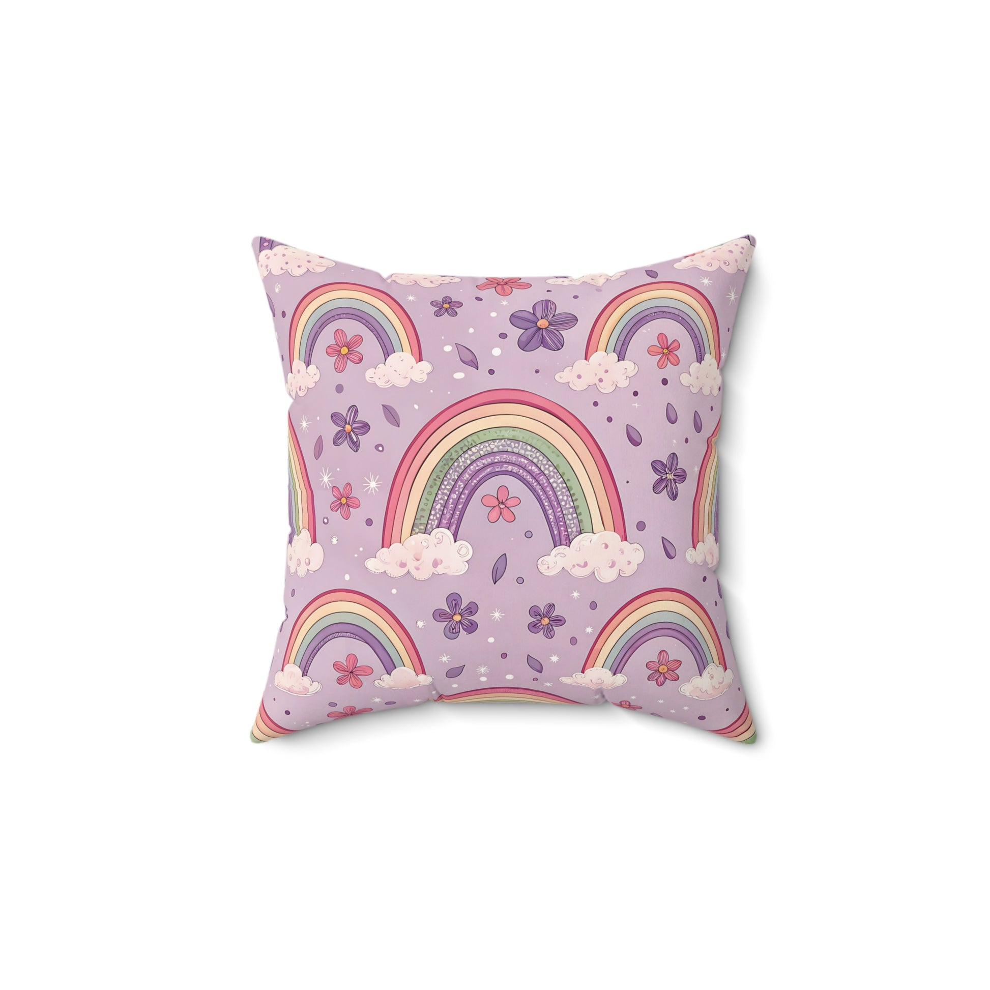 Violet Sky Rainbows decorative nursery pillow on a glider chair