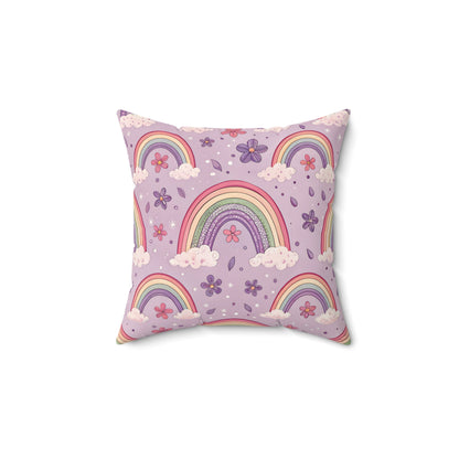 Violet Sky Rainbows decorative nursery pillow on a glider chair