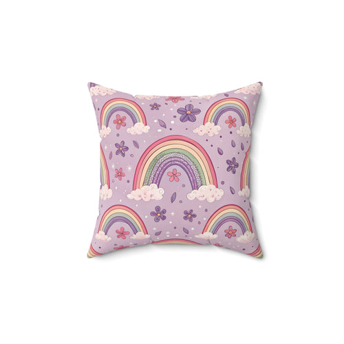 Violet Sky Rainbows decorative nursery pillow on a glider chair