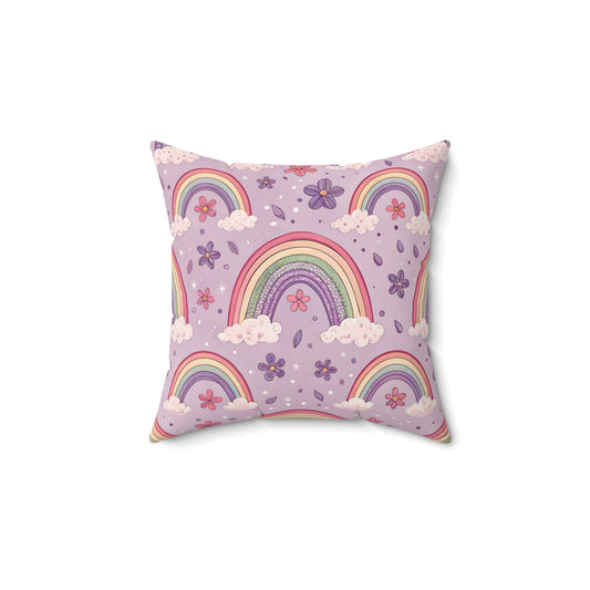 Violet Sky Rainbows decorative nursery pillow on a glider chair
