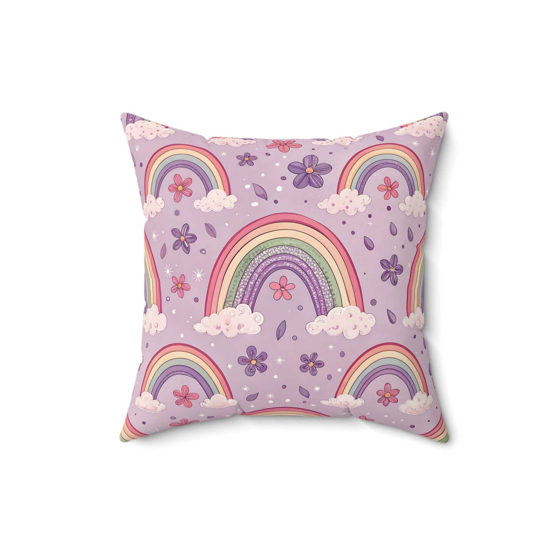 Faux suede nursery pillow with full-spectrum pastel rainbows