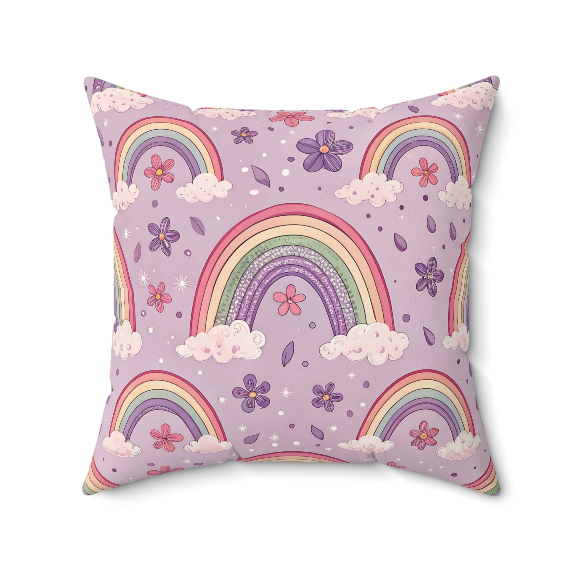 Violet Sky Rainbows nursery pillow shown from the front