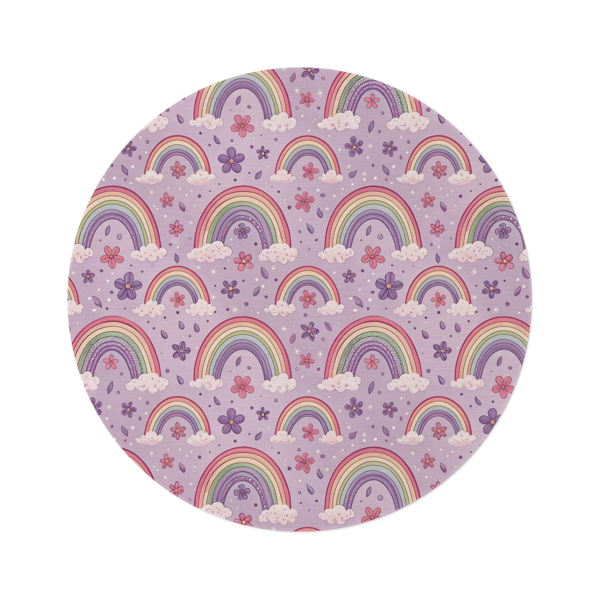 Violet Sky Rainbows round nursery rug on a baby room floor