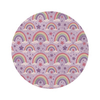 Violet Sky Rainbows round nursery rug on a baby room floor
