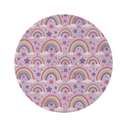 Violet Sky Rainbows round nursery rug on a baby room floor