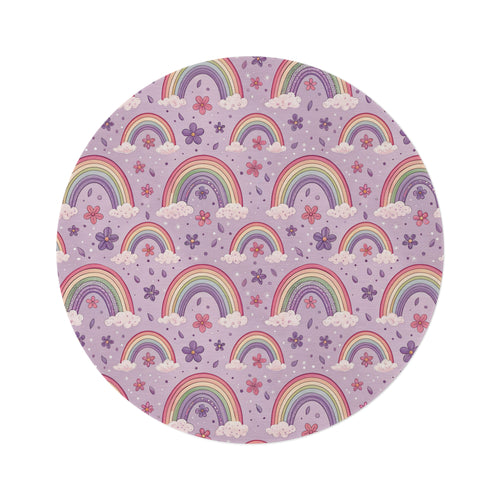 Violet Sky Rainbows round nursery rug on a baby room floor