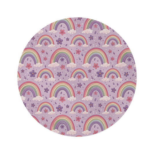 Violet Sky Rainbows round nursery rug on a baby room floor
