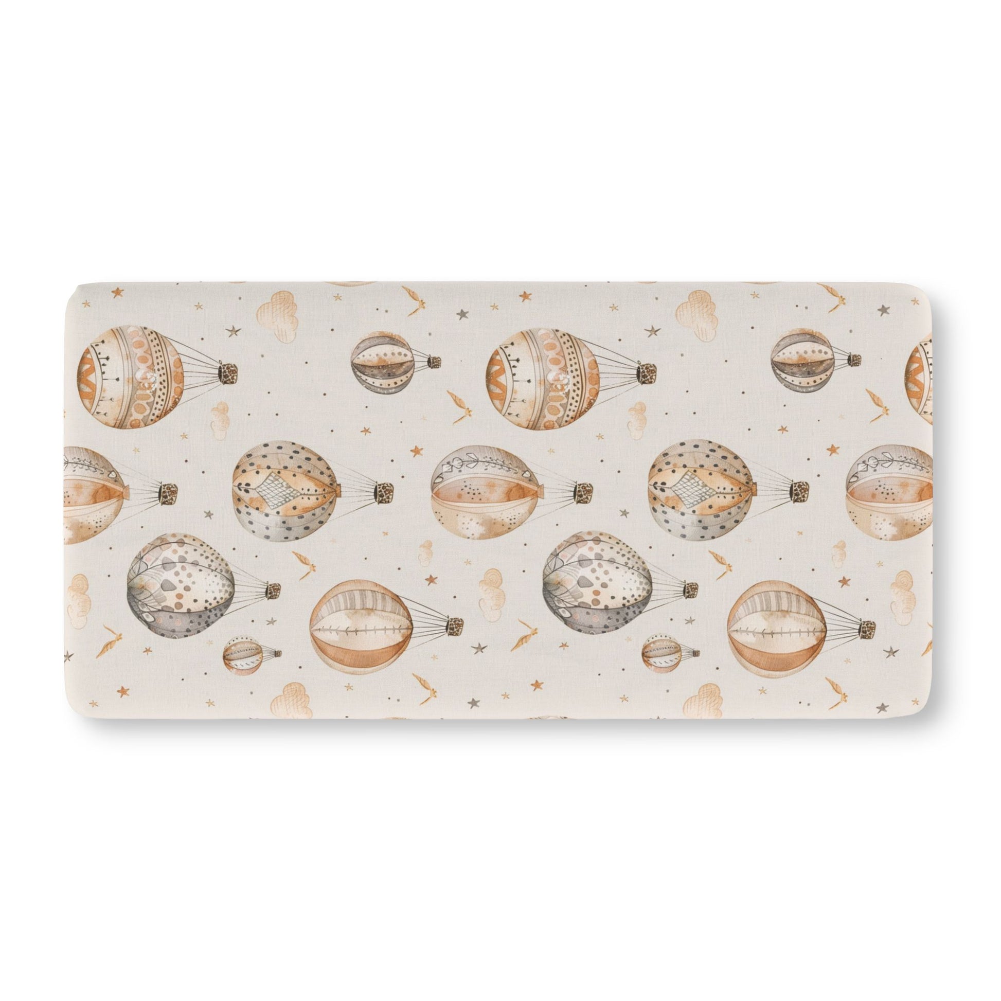 Fitted crib sheet with tan and grey hot air balloons on cream