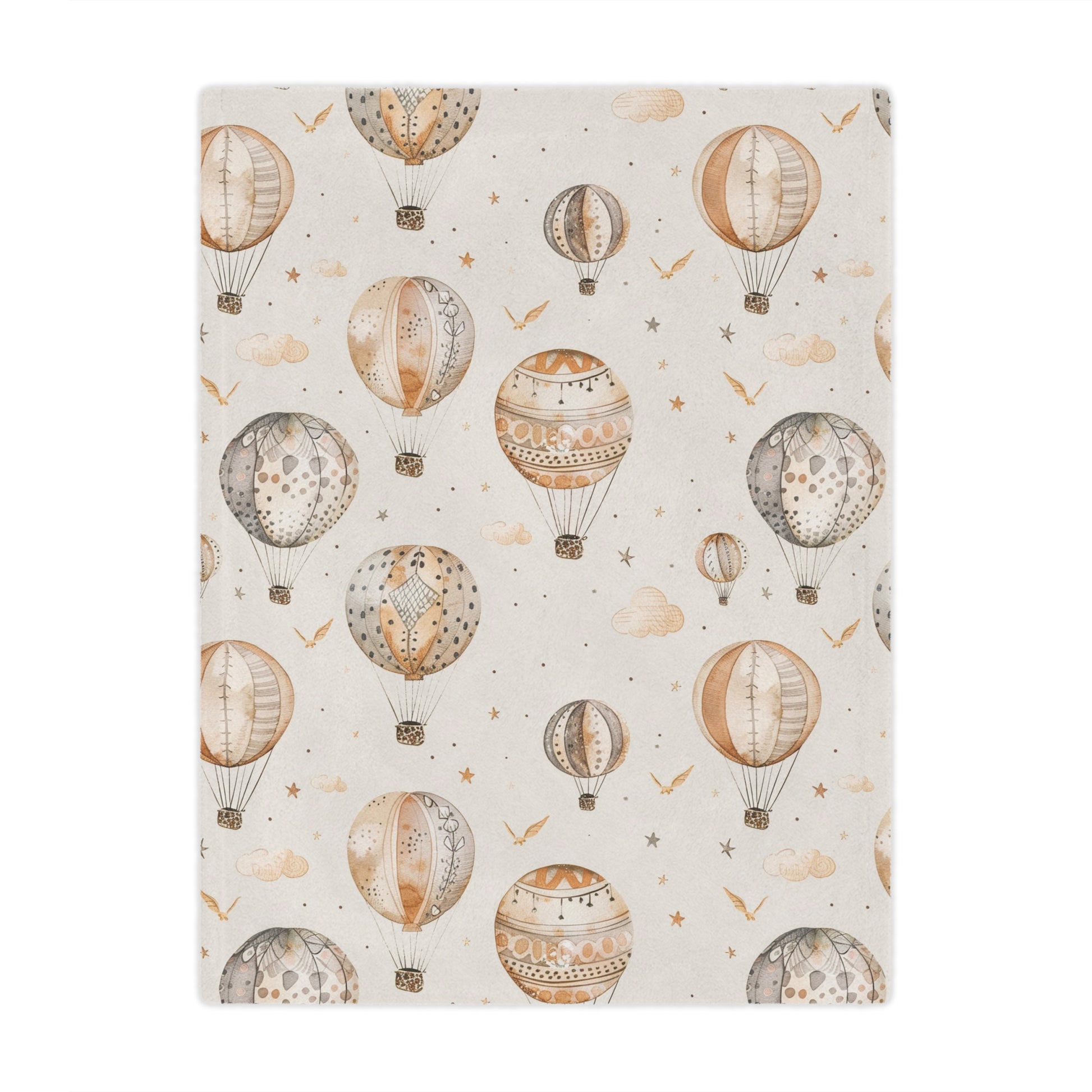 Minky baby blanket in tan and grey, Wandering Balloons print