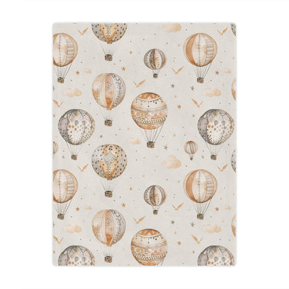 Minky baby blanket in tan and grey, Wandering Balloons print