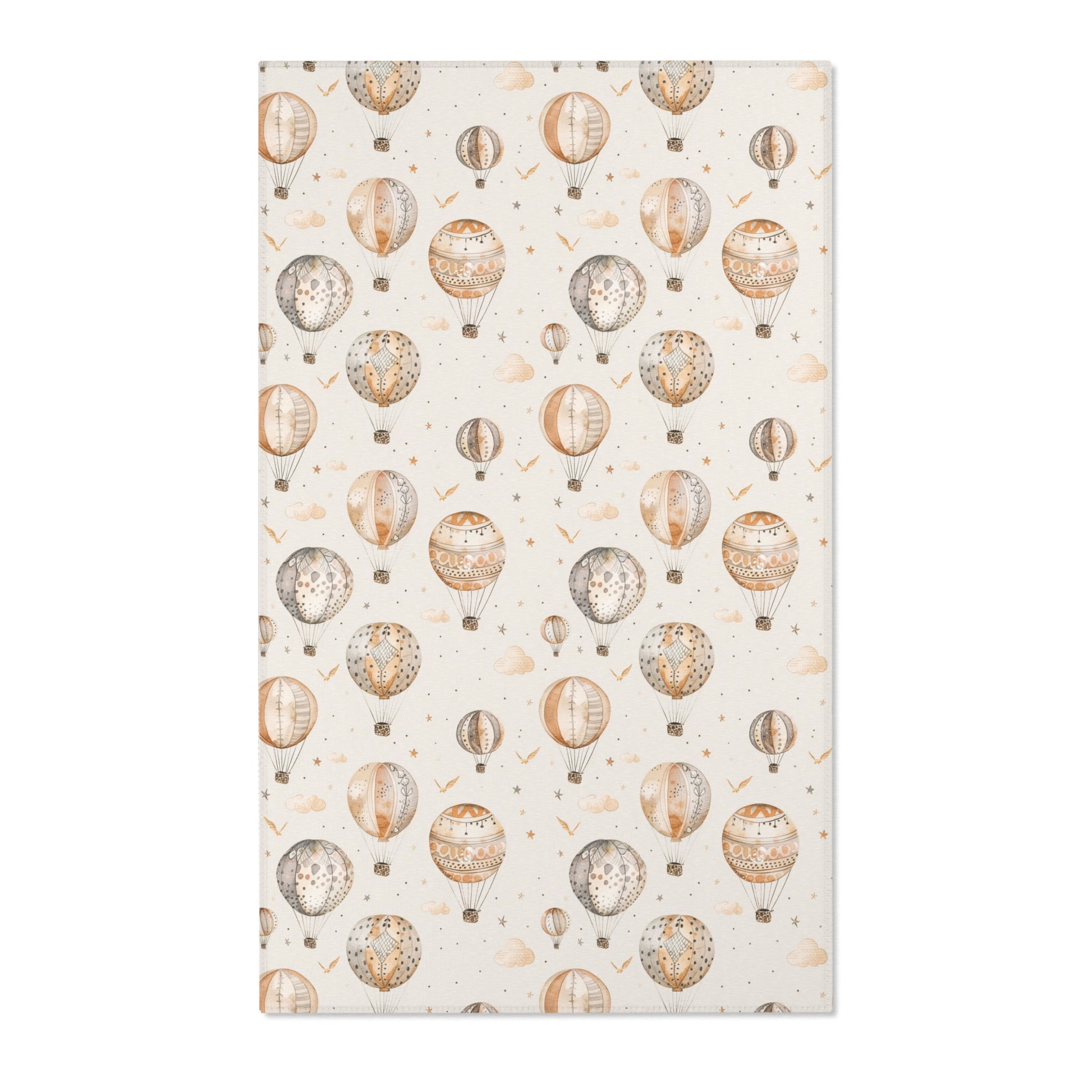 Hot air balloon nursery area rug in tan, grey and gold