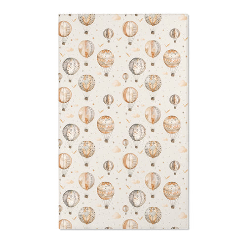 Hot air balloon nursery area rug in tan, grey and gold