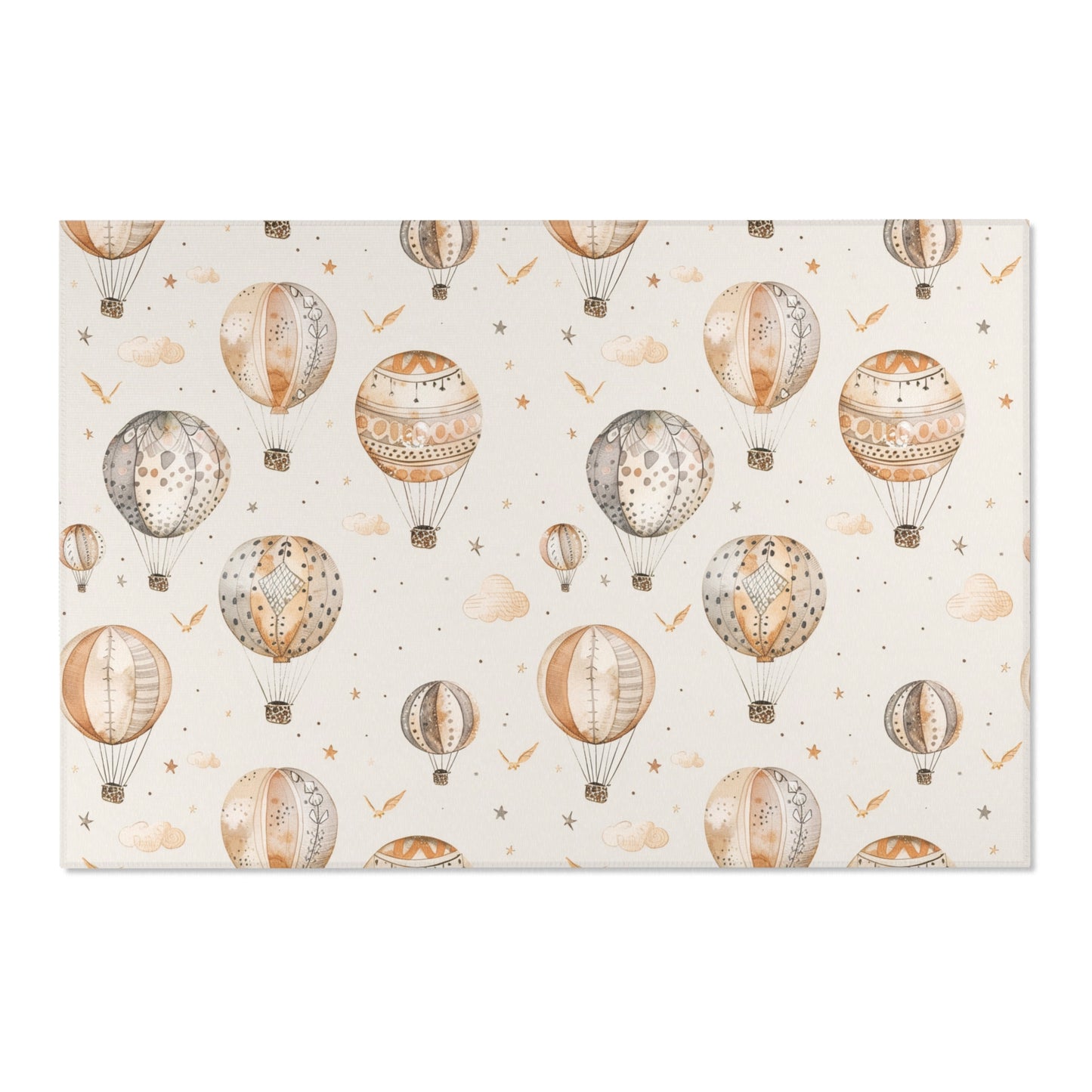 Low pile nursery rug with drifting balloons and clouds