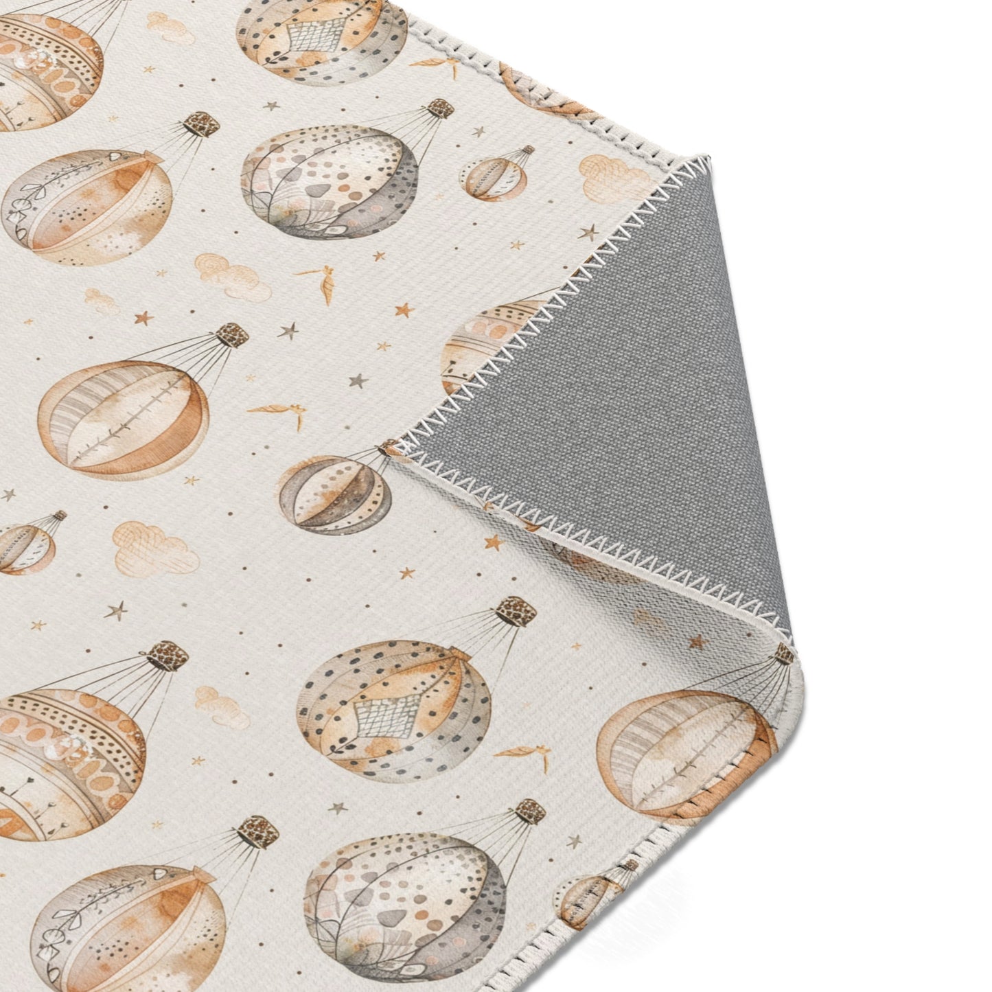 Nursery area rug printed edge to edge with hot air balloons