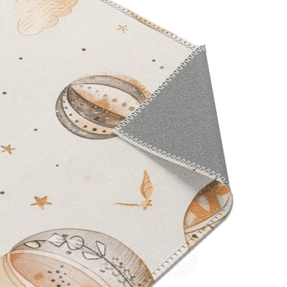 Wandering Balloons rug print detail in tan and soft gold