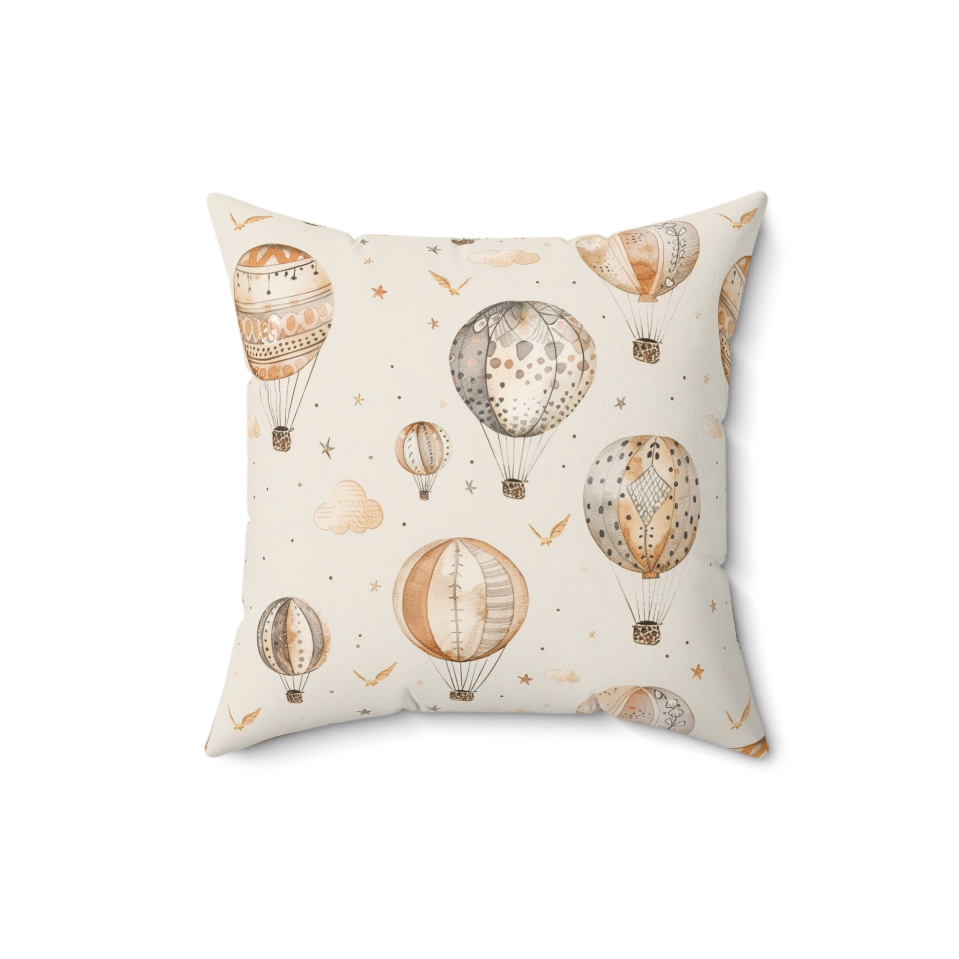 Faux suede nursery pillow with tan and grey hot air balloons