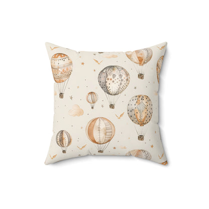Faux suede nursery pillow with tan and grey hot air balloons