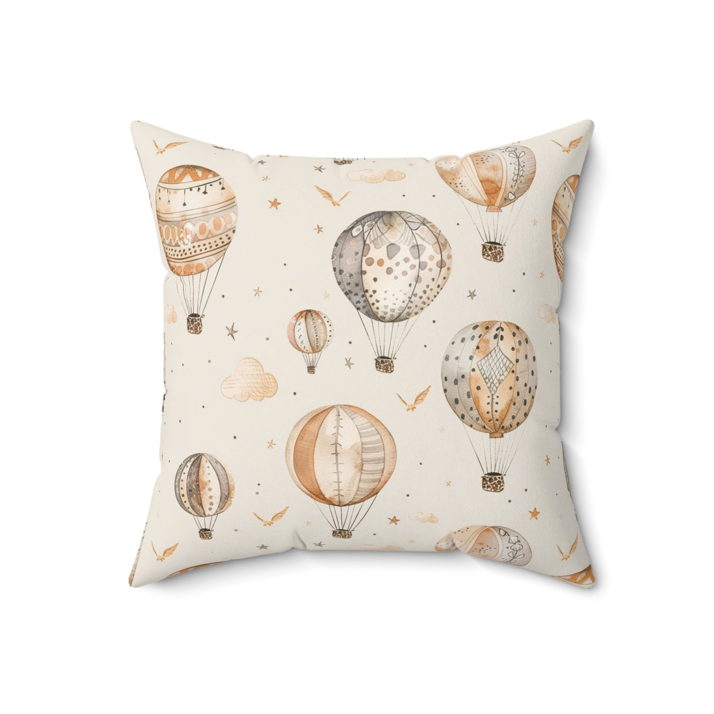 Close detail of the balloon and cloud print on the faux suede pillow