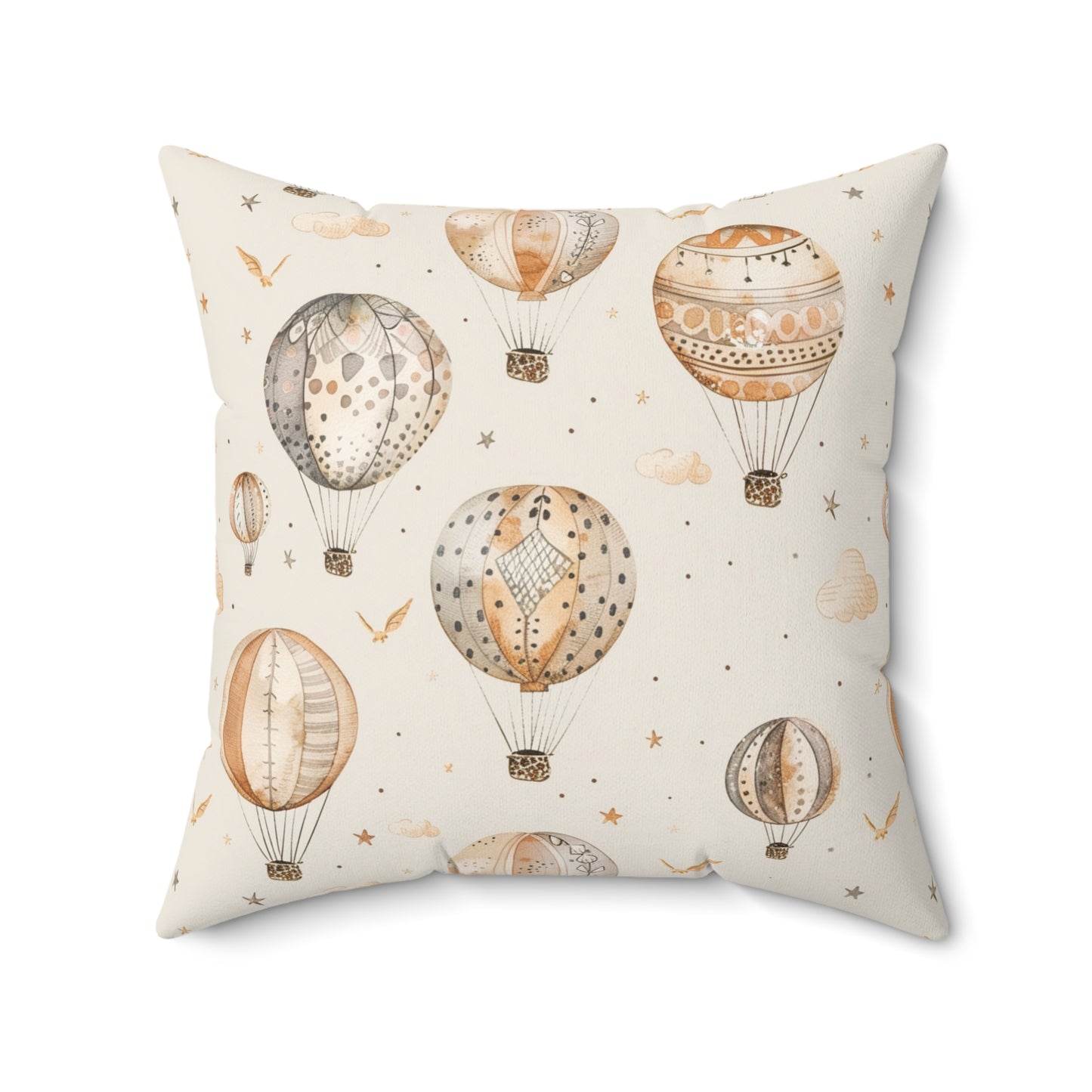 Faux suede pillow with drifting balloons, birds and stars
