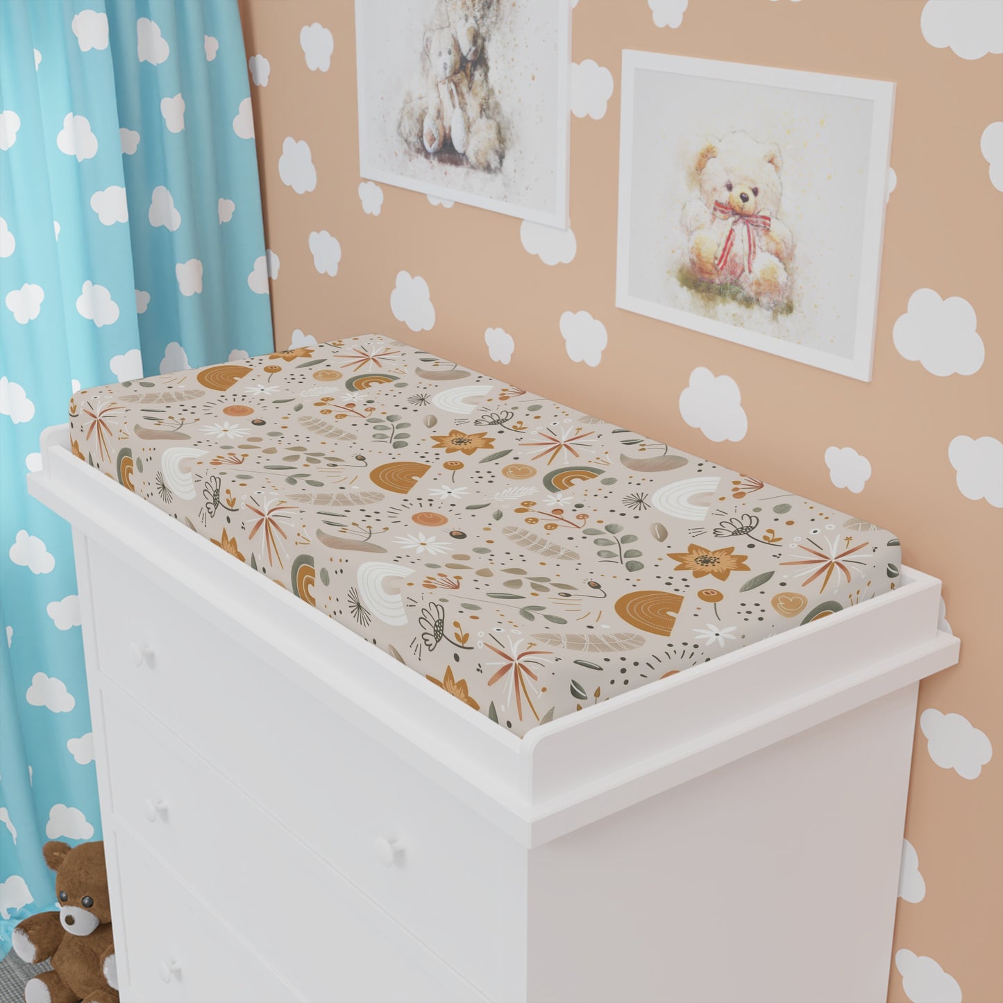 Wildflower Rainbow changing pad cover fitted over a contoured pad
