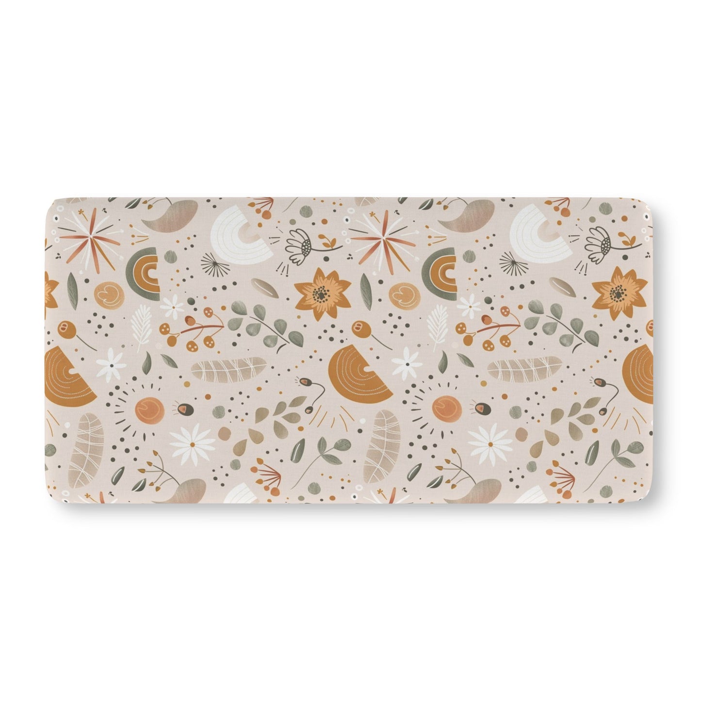 Fitted crib sheet with ochre flowers and small rainbows on oat