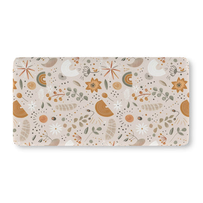 Fitted crib sheet with ochre flowers and small rainbows on oat
