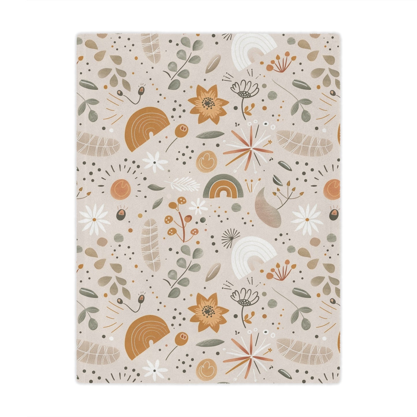 Minky baby blanket in ochre and sage, Wildflower Rainbow print
