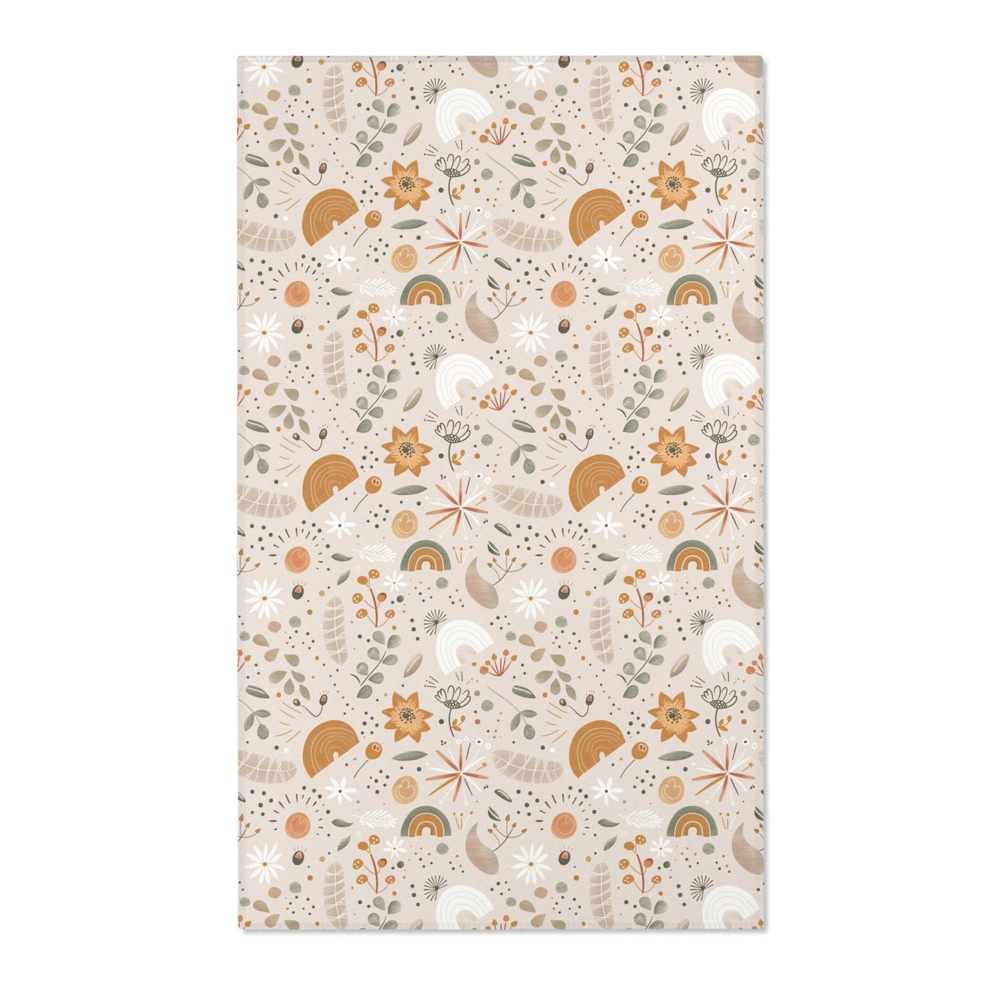 Floral nursery area rug in ochre and sage on warm oat