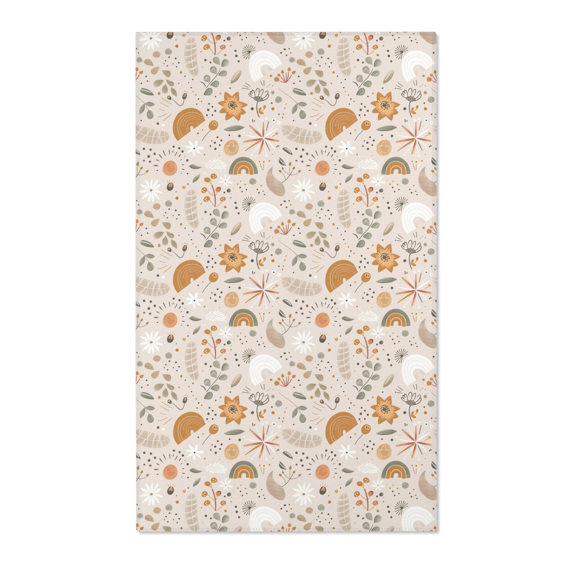 Floral nursery area rug in ochre and sage on warm oat