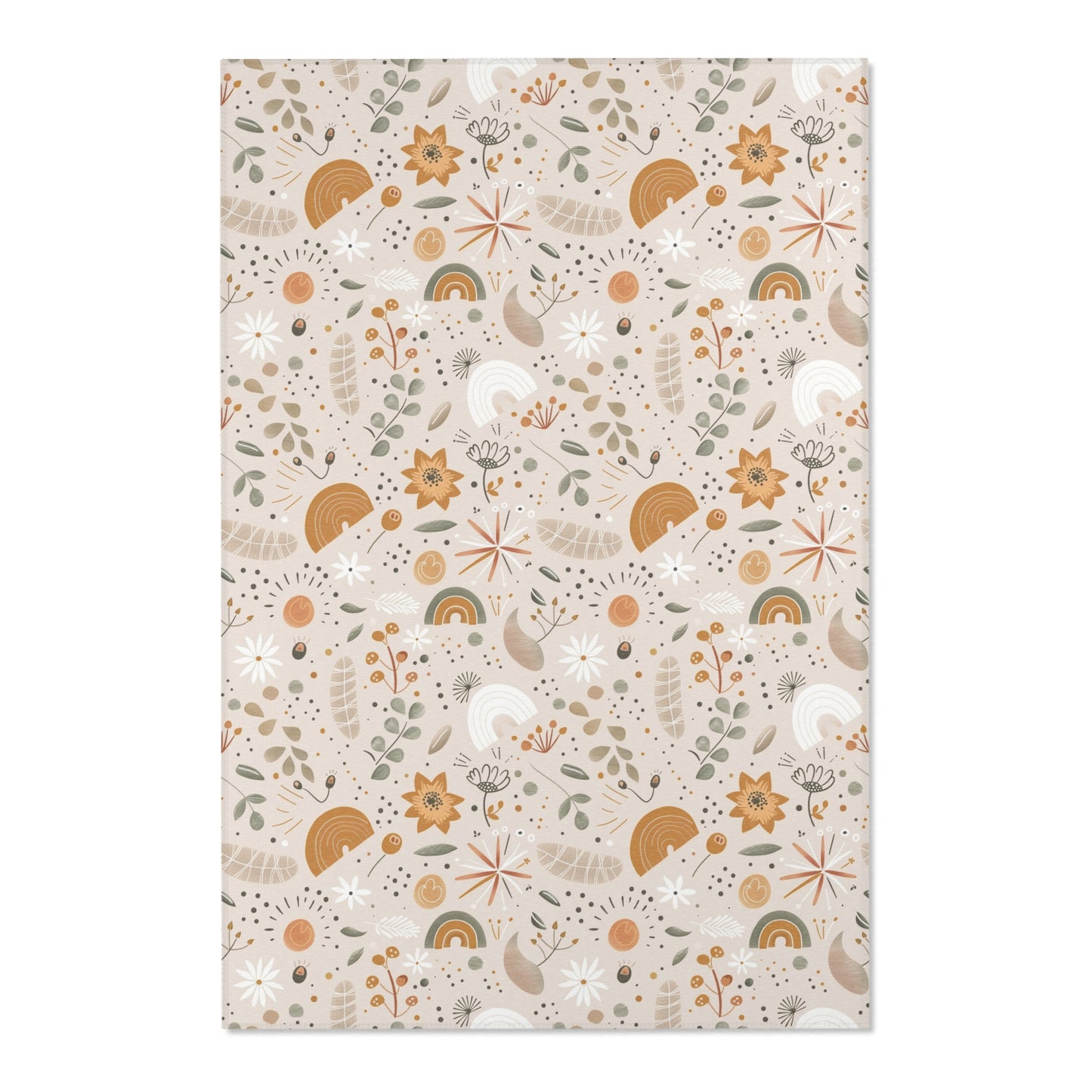 Close detail of the wildflowers and rainbows on the area rug