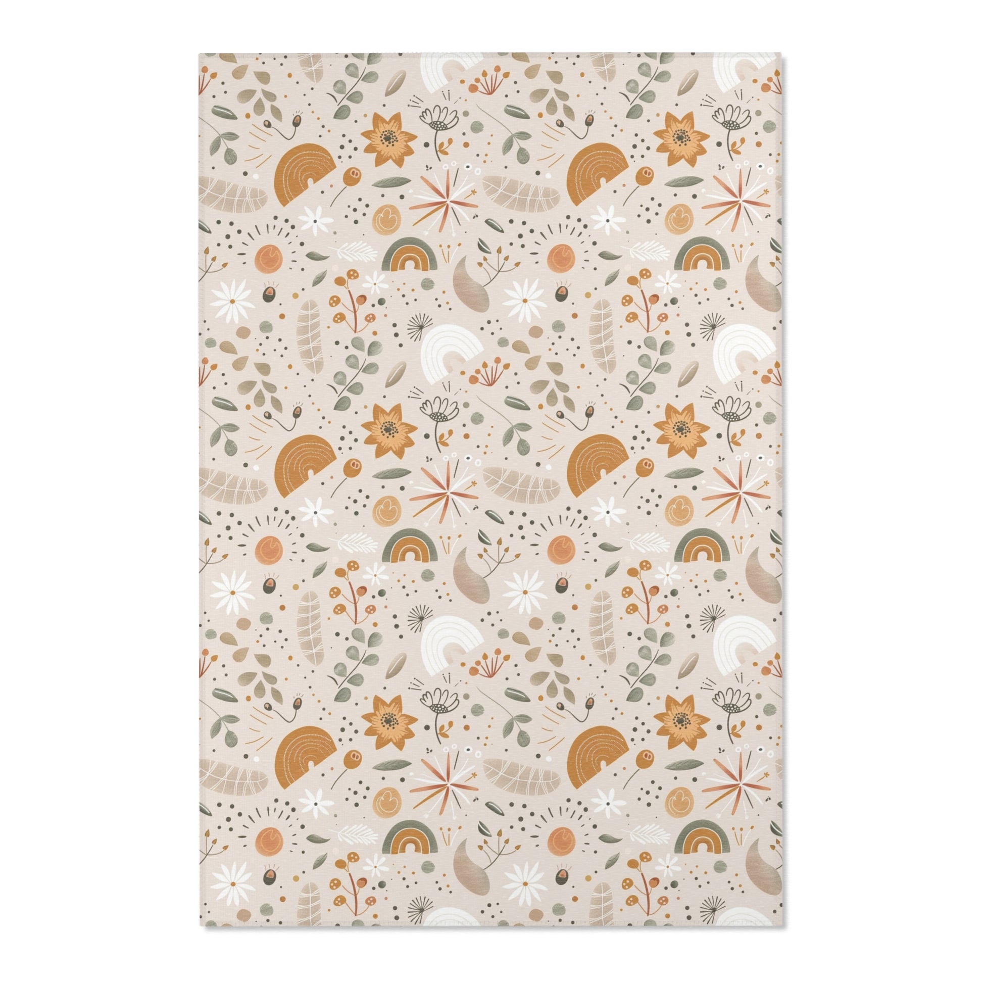 Close detail of the wildflowers and rainbows on the area rug