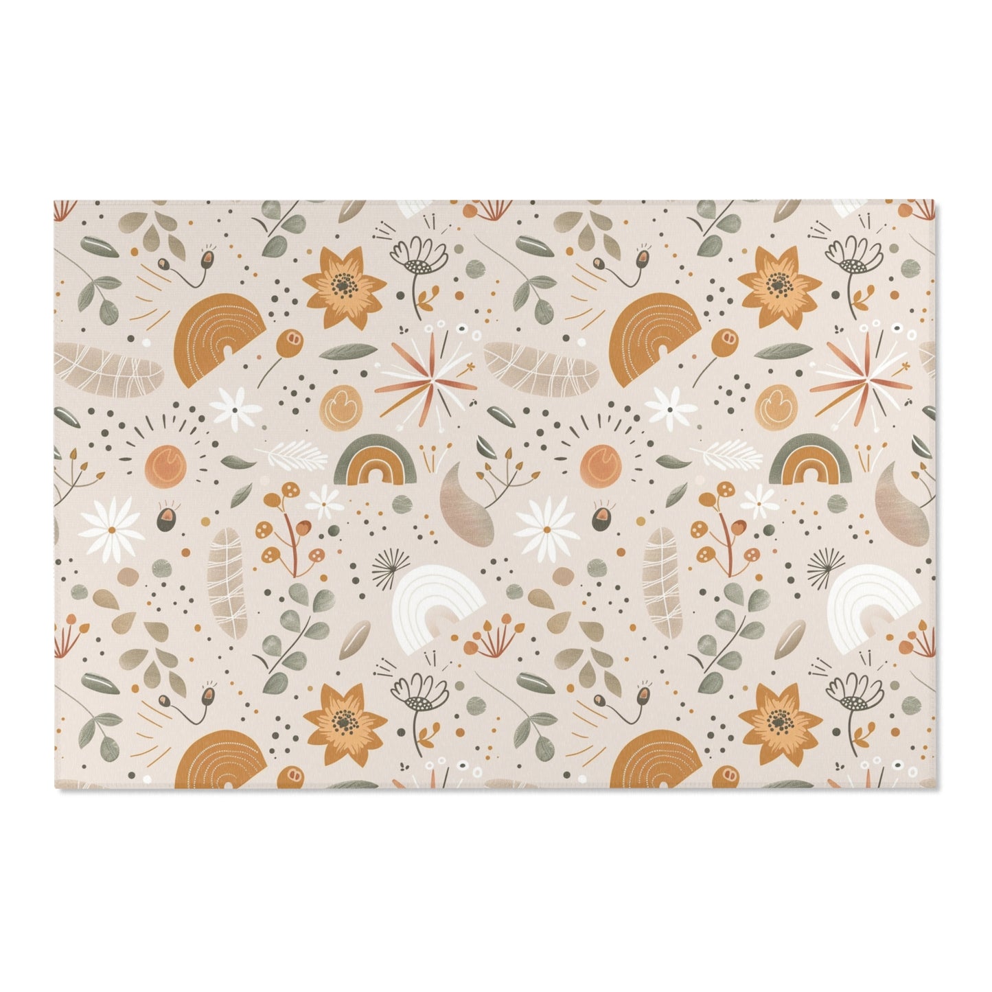 Low pile nursery rug with ochre flowers and small rainbows